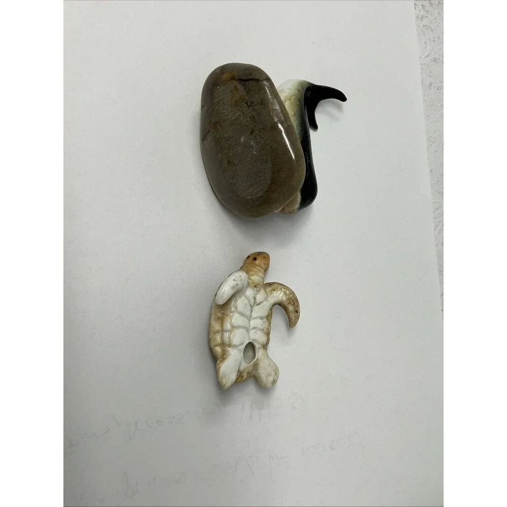 Vintage Ceramic Animal Figurine Lot Of 2 Miniature Whale On Stone & Sea Turtle
